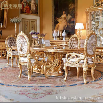 Table de salle à manger longue sculptée antique en bois massif de style français